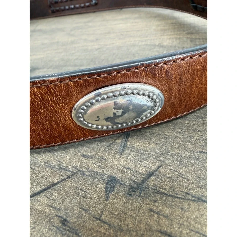 Vintage Brown Leather Western Concho Belt Silver Buckle Boho Cowboy Unisex 40